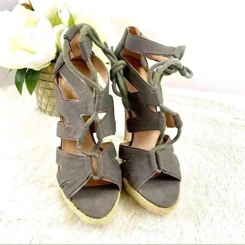COLIN STUART Strappy Rope Tie Woven Platform Espadrille Stiletto Heels Size 7